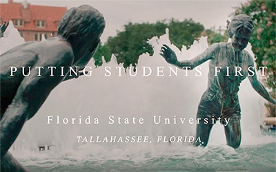 Putting Students First (text over photo of fountain on Landis Green)