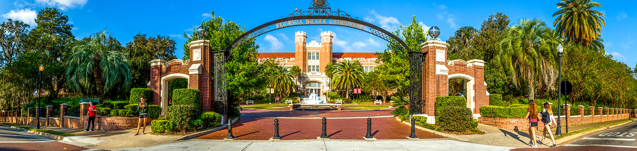 Image of Westcott building framed by the entryway gate