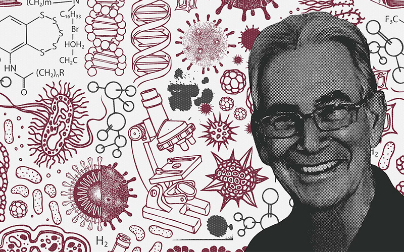 A black and white headshot of Marc Julius in front of illustrations of microscopes, DNA and other science-related objects