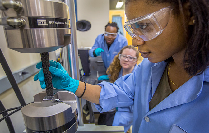 Students working with machinery in lab